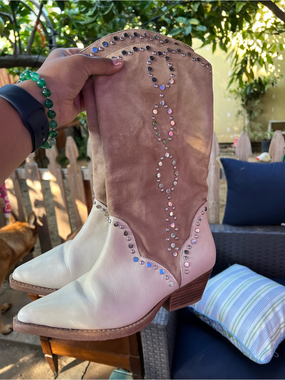 Free People Two-Tone Studded Western Boots in Crème and Taupe